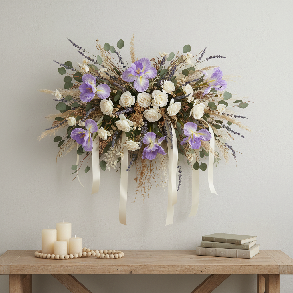 Faux lavender iris stem in a boho wall swag with lavender sprigs, ivory roses, eucalyptus and dried botanicals on a neutral wall, console table with candles and wood beads below