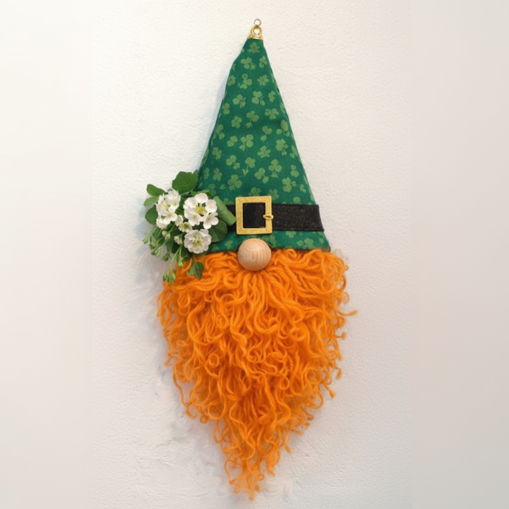 Leprechaun gnome decoration with green shamrock hat and orange yarn beard - St. Patrick's Day carrot frame craft