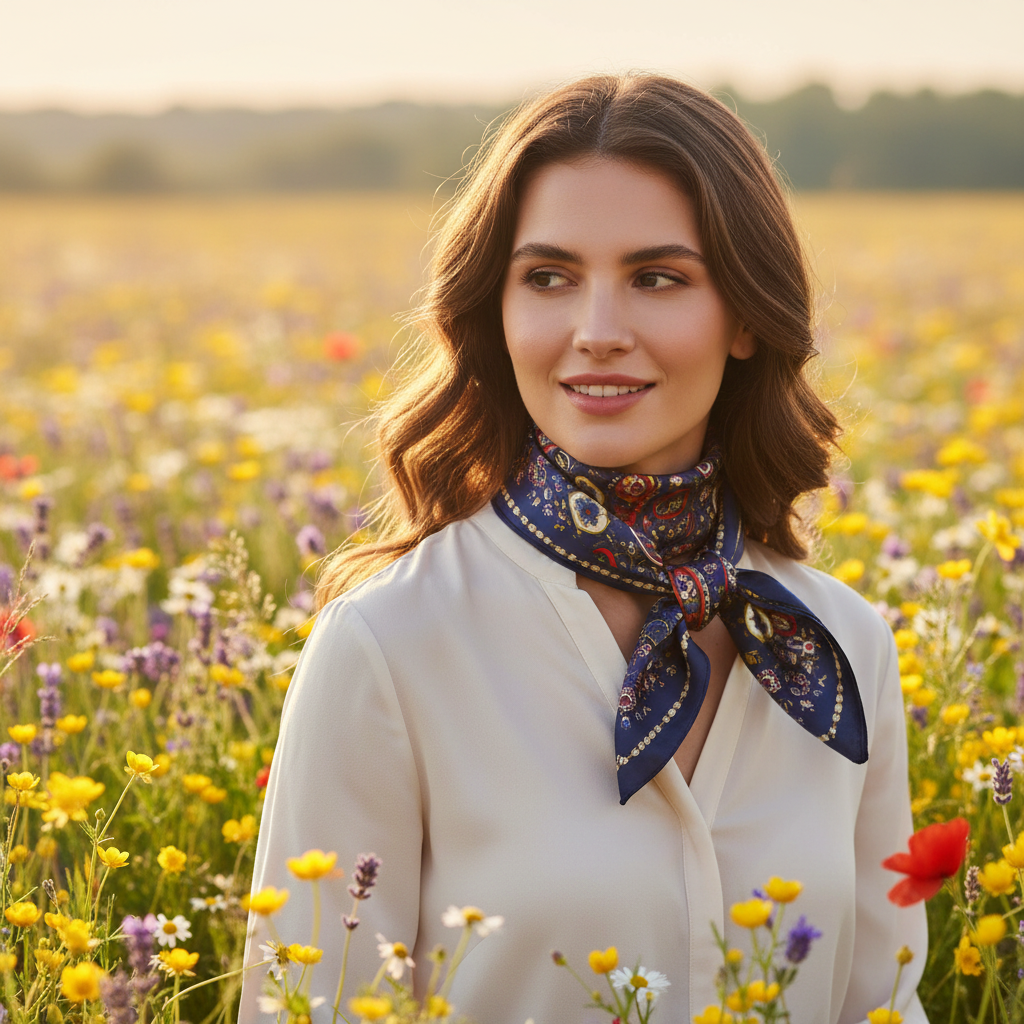 Woman wearing navy paisley satin scarf as a neck wrap in a spring wildflower field