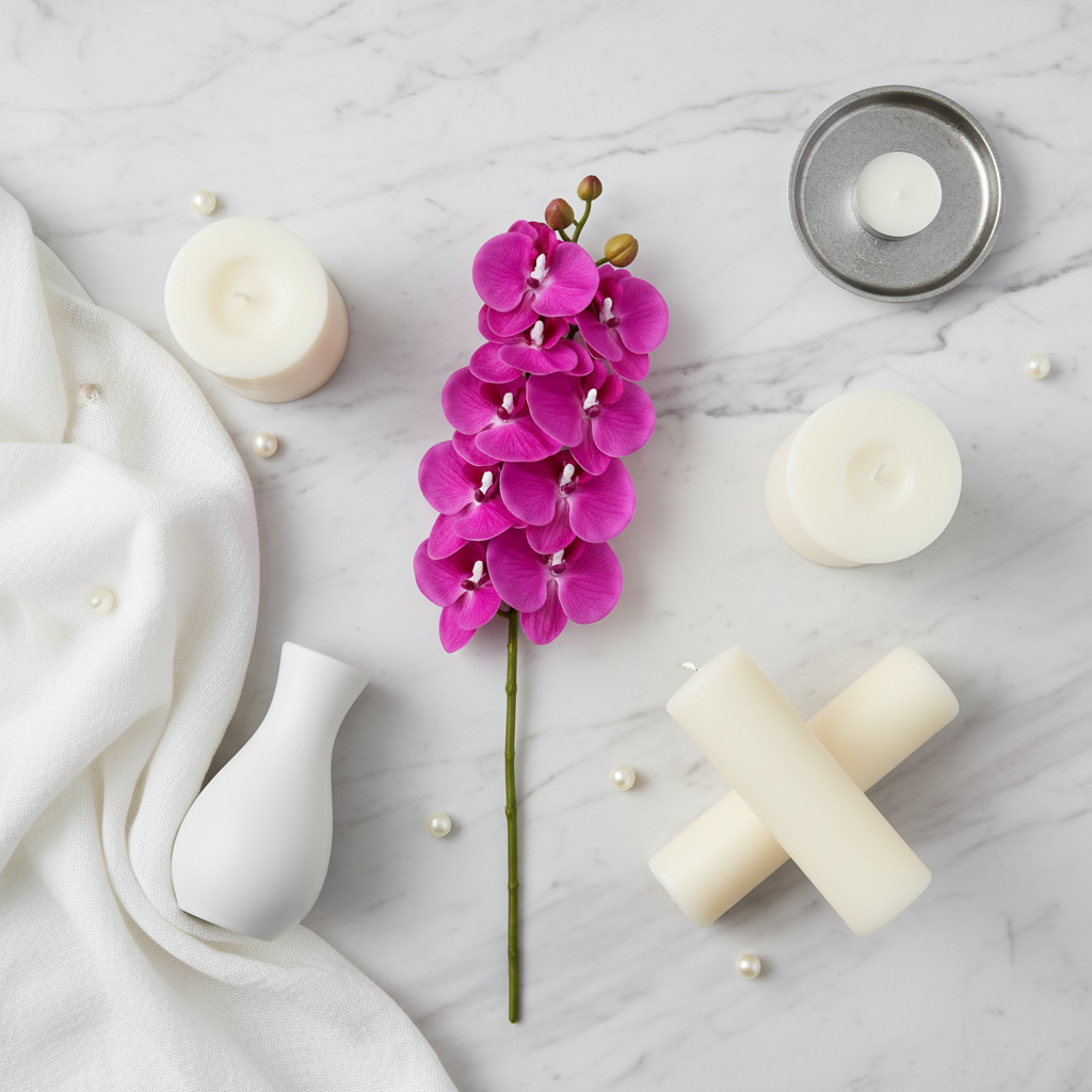 Flat lay editorial of vivid magenta-purple artificial orchid stem on white marble with cream candles and linen, luxury home decor styling