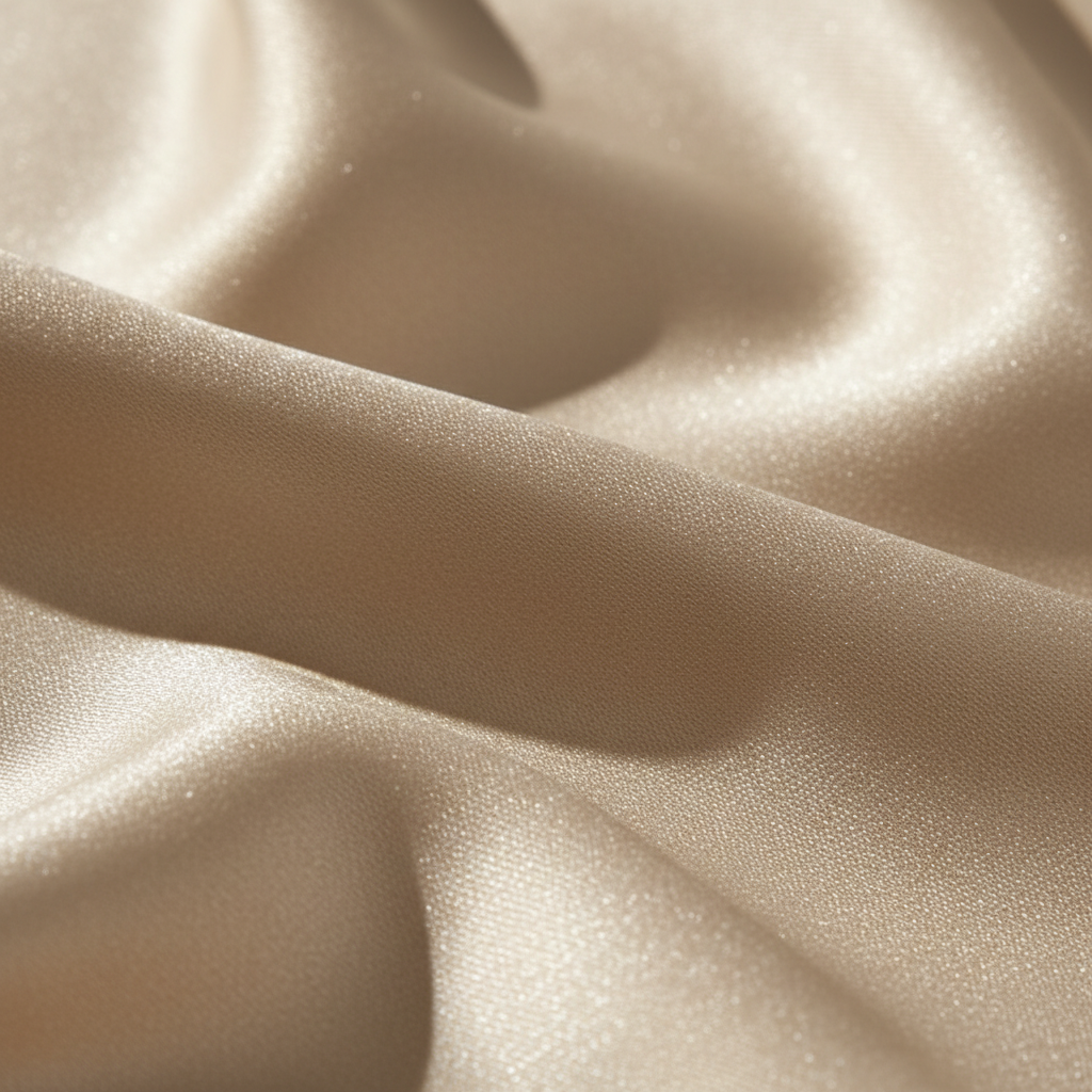 Close-up of champagne satin fabric showing smooth silky texture and luxurious sheen detail