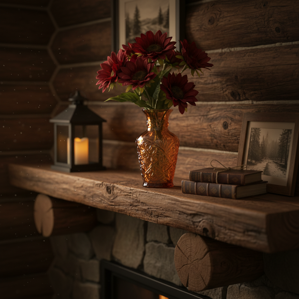 Burgundy sunflowers in vintage amber glass vase on log cabin mantel, rustic country decor with moody lighting
