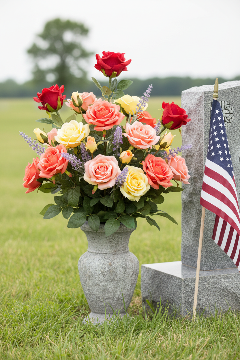 Memorial Day floral tribute with faux red roses mixed with coral, peach, yellow and lavender roses in a stone vase near a memorial headstone with American flag