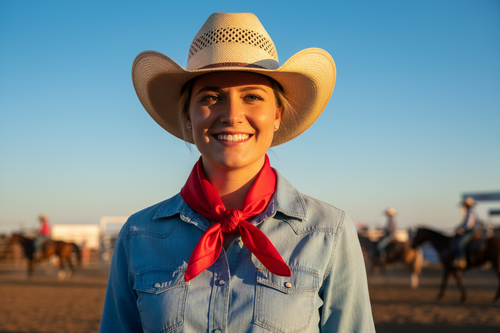 Bright red wild rag worn at summer rodeo with blue sky, straw cowboy hat, and chambray shirt