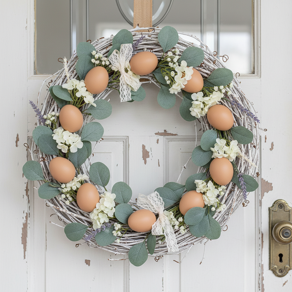 Shabby chic spring wreath featuring realistic plastic chicken eggs nestled in eucalyptus greenery and white flowers on vintage door