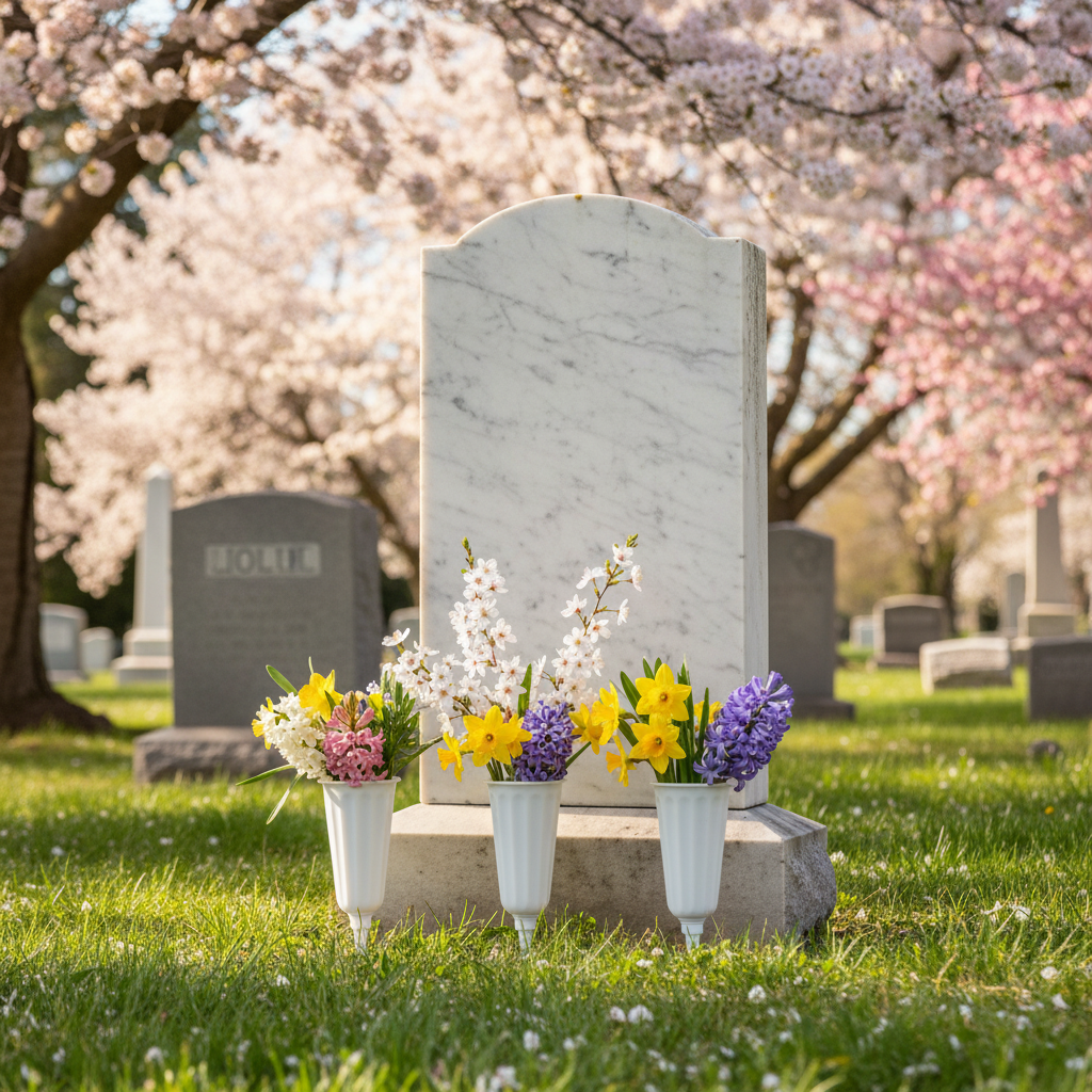 Spring gravesite scene with small white memorial vases holding seasonal flowers