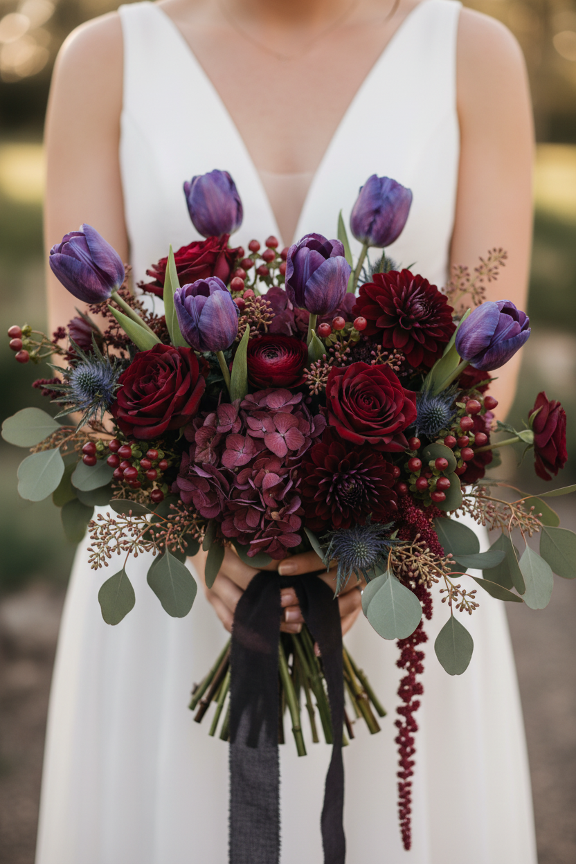 Purple Real Touch artificial tulip bouquet with 6 stems featured in a loose hand-tied fall wedding bridal bouquet with deep burgundy roses, wine ranunculus, plum hydrangeas, dark red berry clusters, seeded eucalyptus, and trailing dark amaranthus in a rich moody fall wedding palette