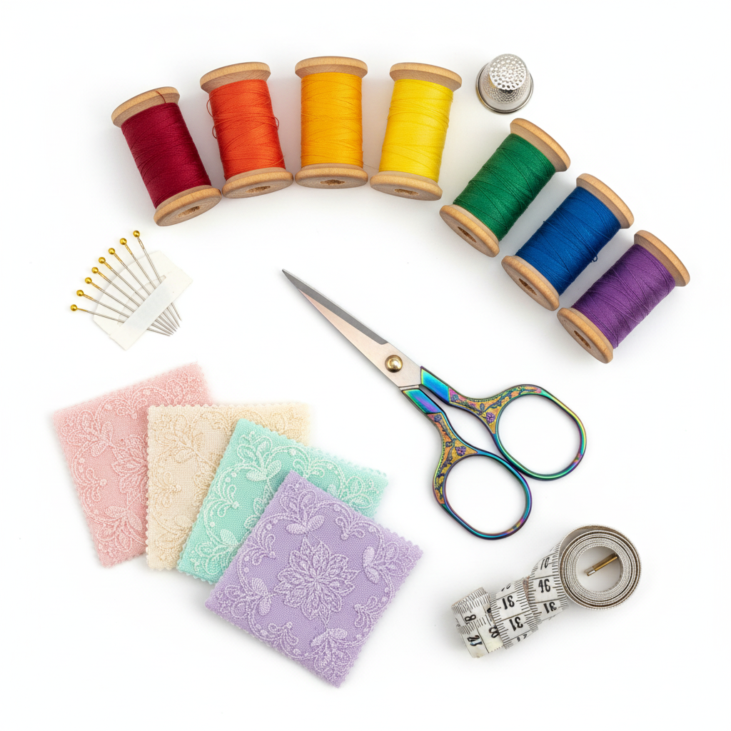 Ornate multicolor embroidery scissors in a sewing kit gift set with thread spools, needles, thimble and fabric swatches on white background