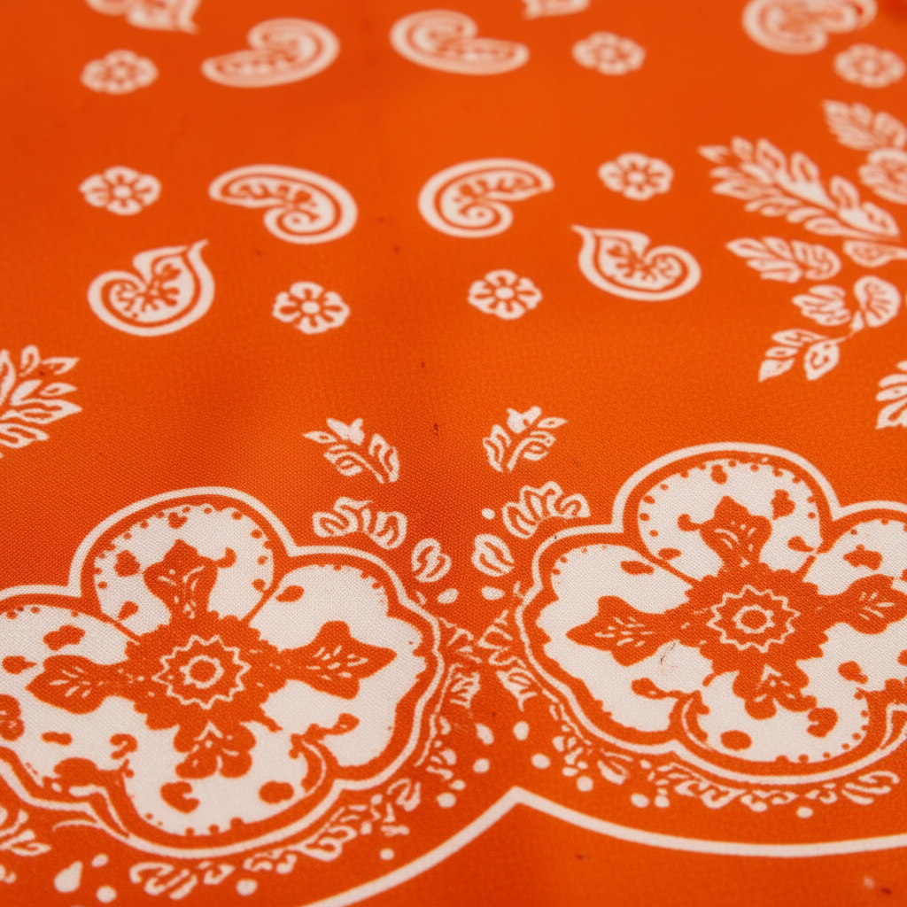 Close-up fabric detail of bright orange satin polyester with intricate white paisley print, smooth silky texture with subtle sheen