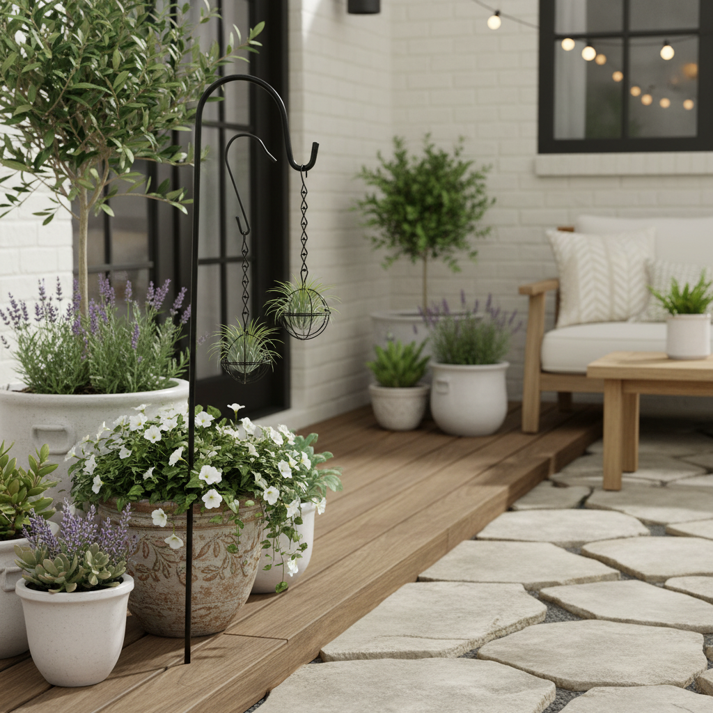 Mini black metal wire sphere planters hanging on patio shepherd hook with air plants, 2.75 inch diameter spheres