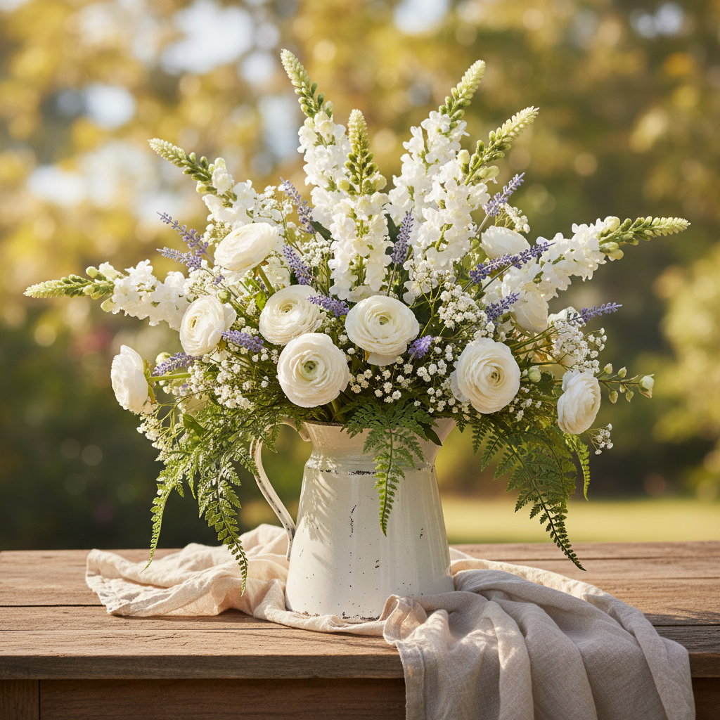 White snapdragon stems with white ranunculus and lavender in vintage cottage style pitcher