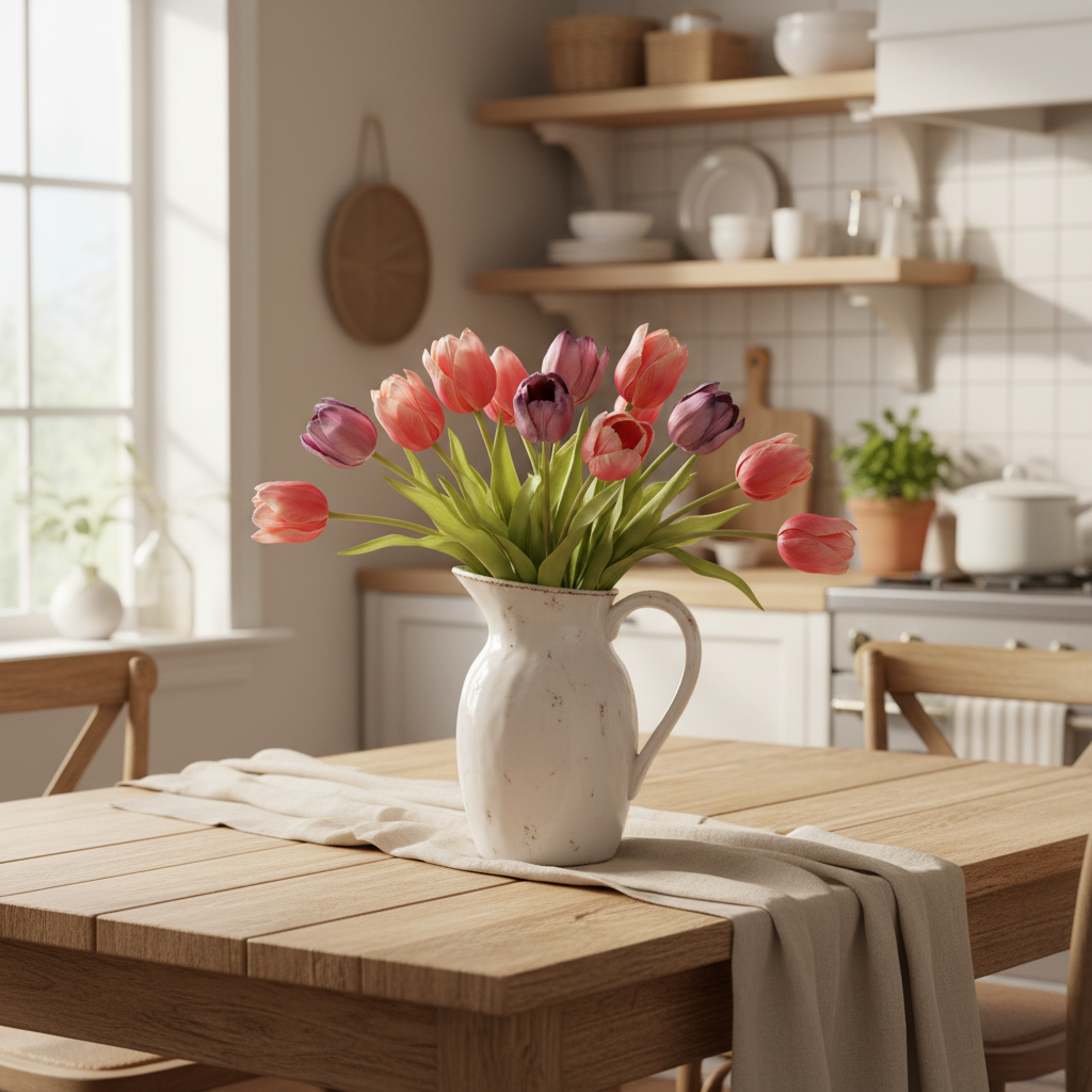 Coral pink tulip bouquet with purple tips in white ceramic pitcher on farmhouse dining table - spring cottage decor styling