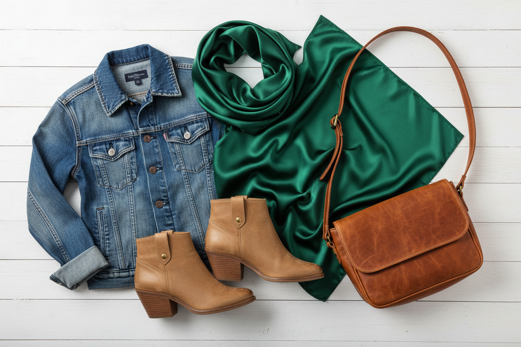 Forest green wild rag with denim jacket, tan leather boots, and crossbody purse, natural styling