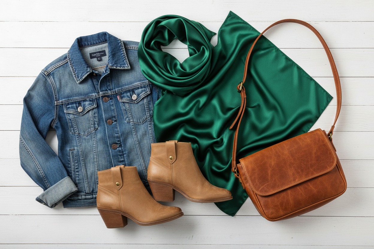 Forest green wild rag with denim jacket, tan leather boots, and crossbody purse, natural styling