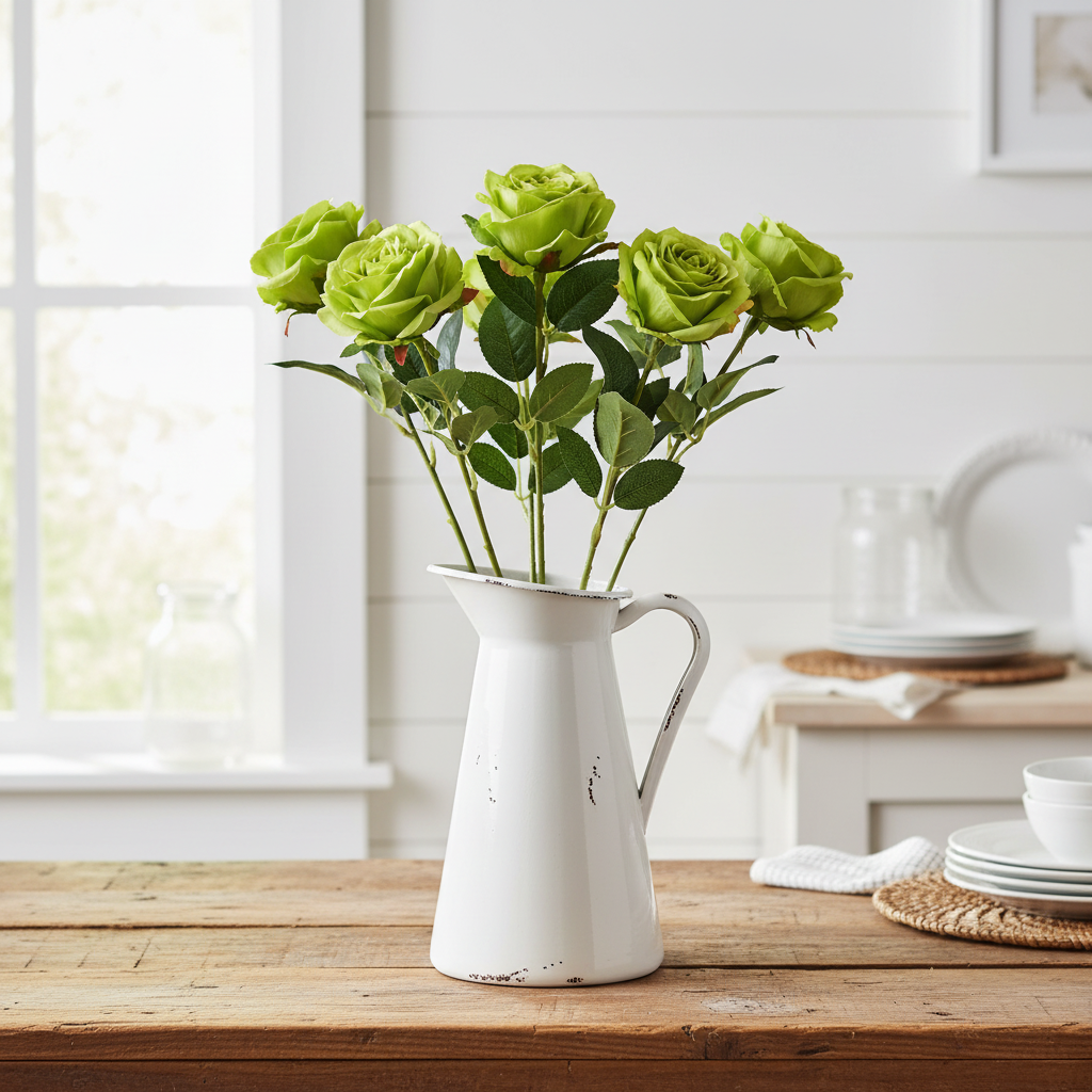 Lime green faux rose stems in a white distressed farmhouse pitcher vase on rustic wood table with shiplap wall background