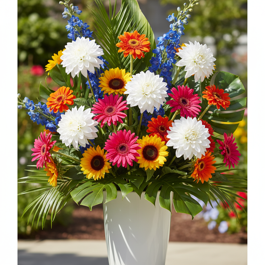 Bright bold floral arrangement with white dahlia stems, fuchsia gerbera daisies, orange zinnias, yellow sunflowers and cobalt delphiniums
