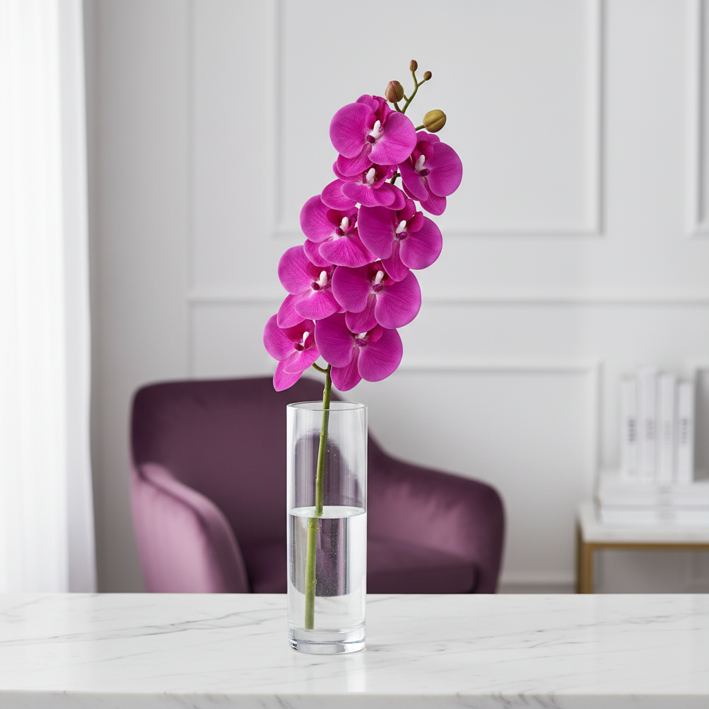 Vivid magenta-purple artificial orchid stem displayed in a tall clear glass vase on a white marble countertop, minimalist luxury home decor