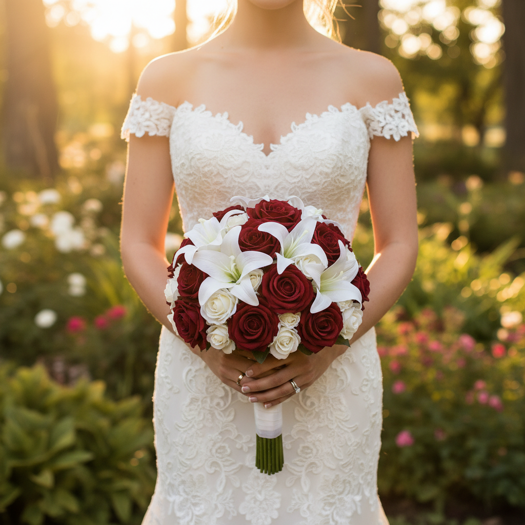 Dark red faux rose and white lily bridal bouquet held by bride at outdoor garden wedding