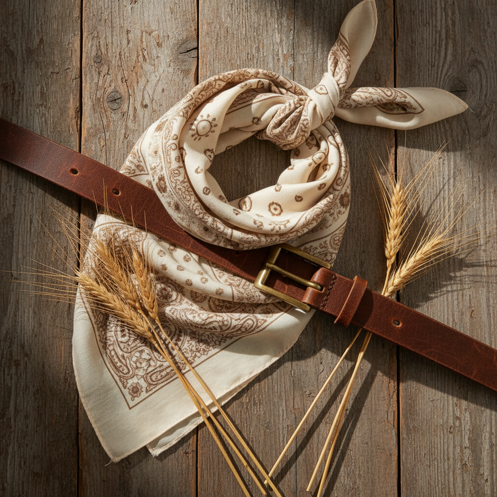 Tan and beige paisley western wild rag scarf flat lay on rustic wood with leather accessories and wheat