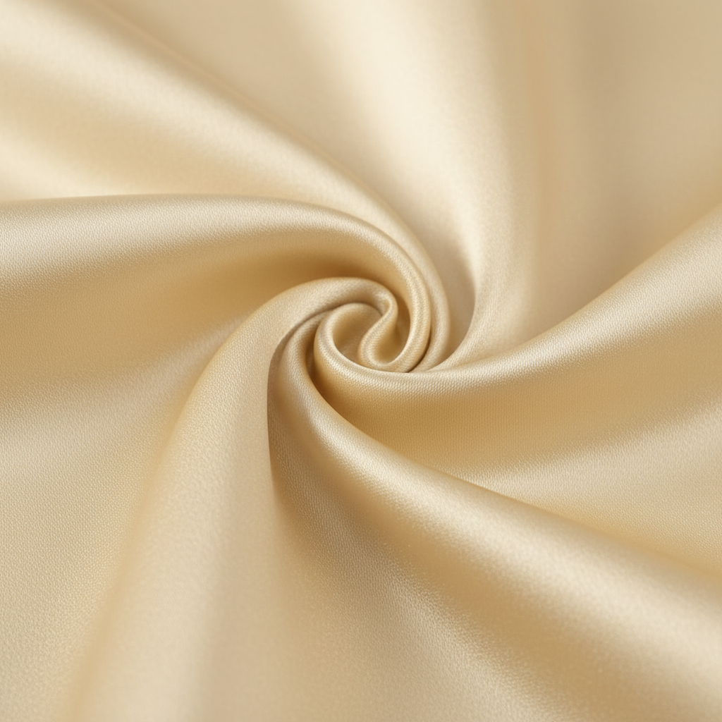 Close-up detail of ivory satin polyester fabric showing silk-like texture and warm cream tone
