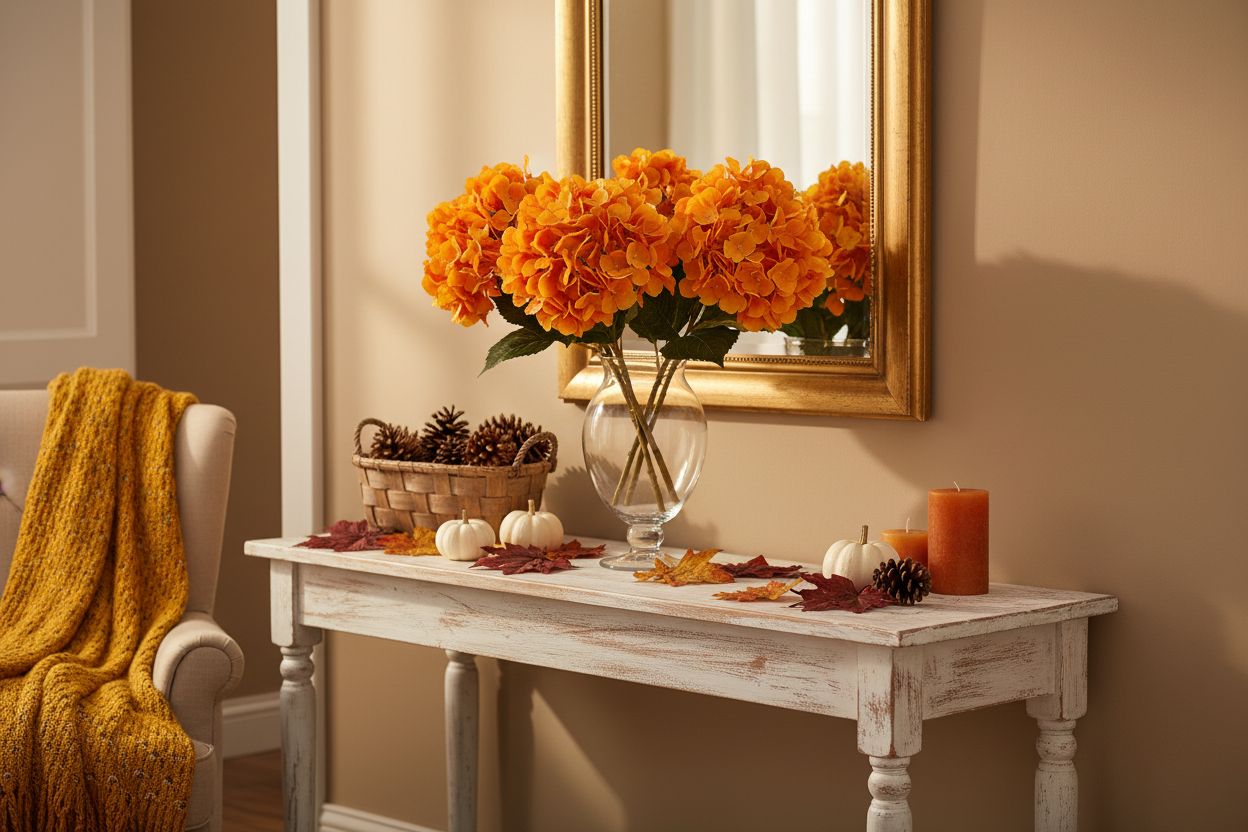 Shabby chic console table with orange hydrangea stems in glass vase and fall decor in warm autumn palette