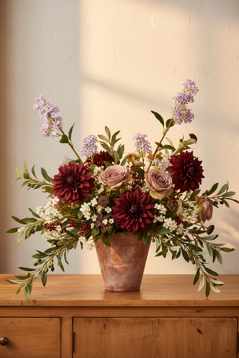 Soft fall farmhouse arrangement with artificial lavender lilac stems, burgundy dahlias, dusty mauve accents and olive greenery in a dark ceramic crock