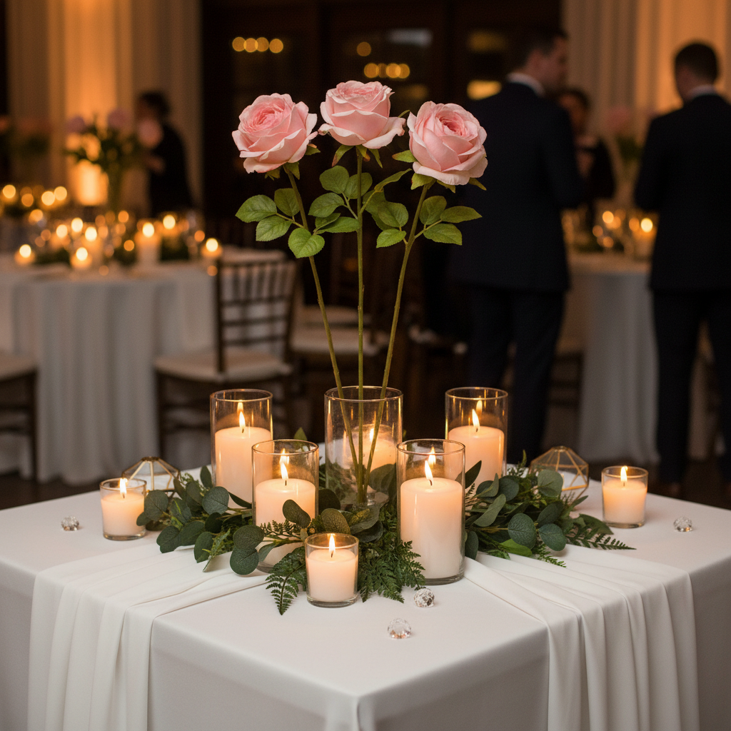 Blush pink faux rose stems as a romantic wedding reception centerpiece with candles and greenery on white linen