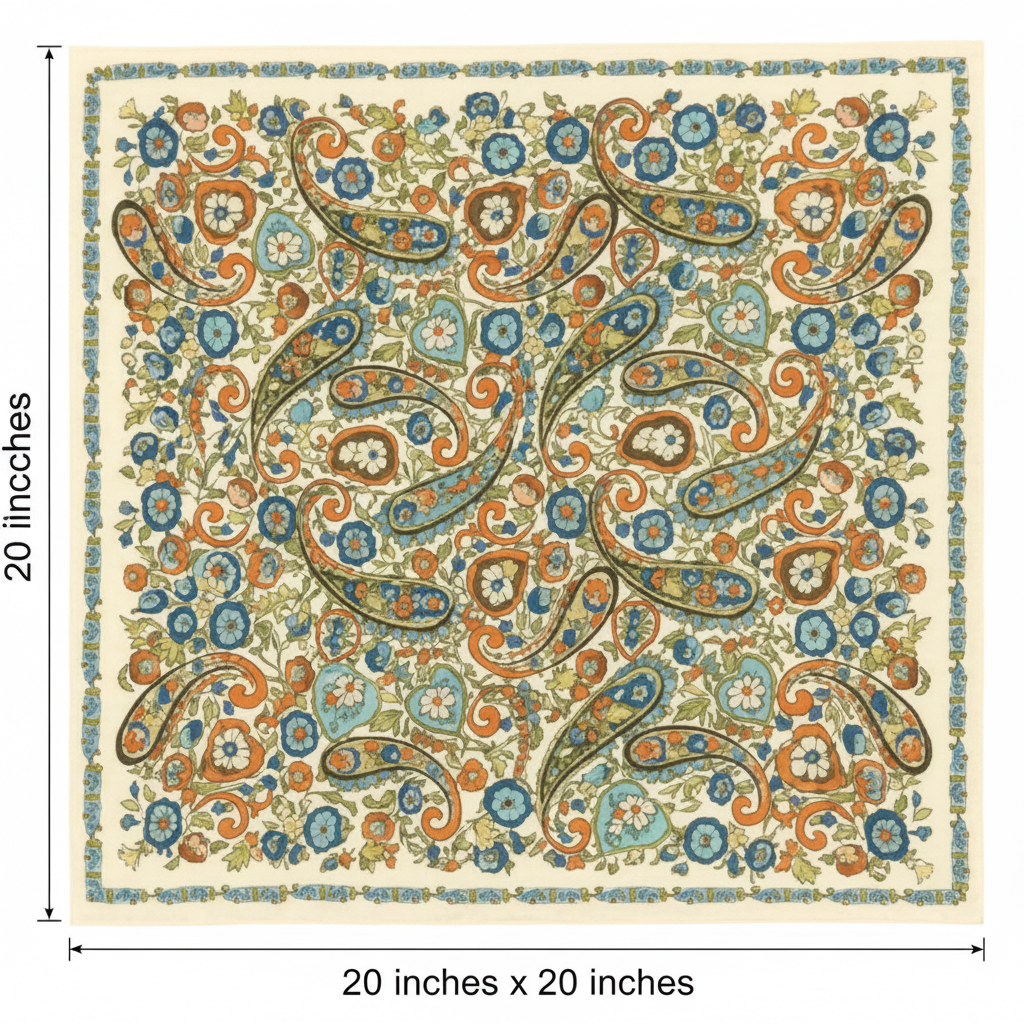 Paisley floral satin scarf 20x20 inch flat lay showing full cream ivory background with green teal blue and rust orange paisley motifs with measurement annotations