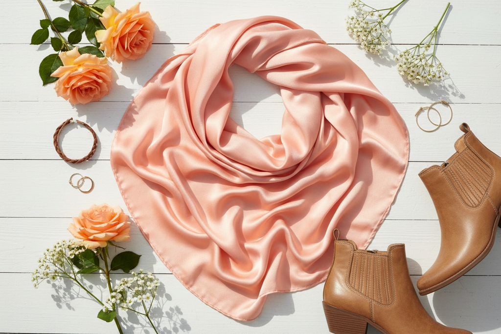 Peach wild rag spring flat lay with peach roses, white flowers, and tan leather boots on white wood