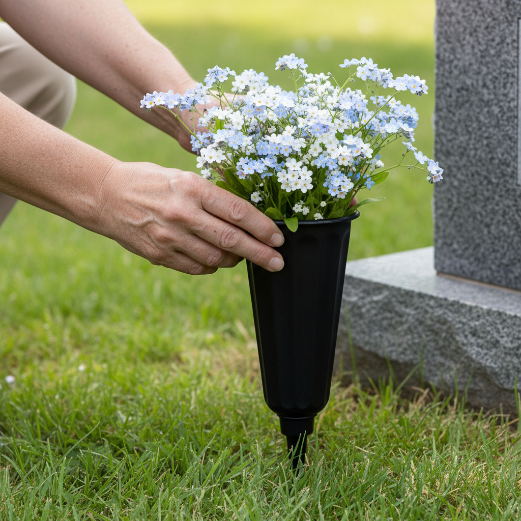 Hands placing fresh flowers into black cemetery vase at gravesite memorial