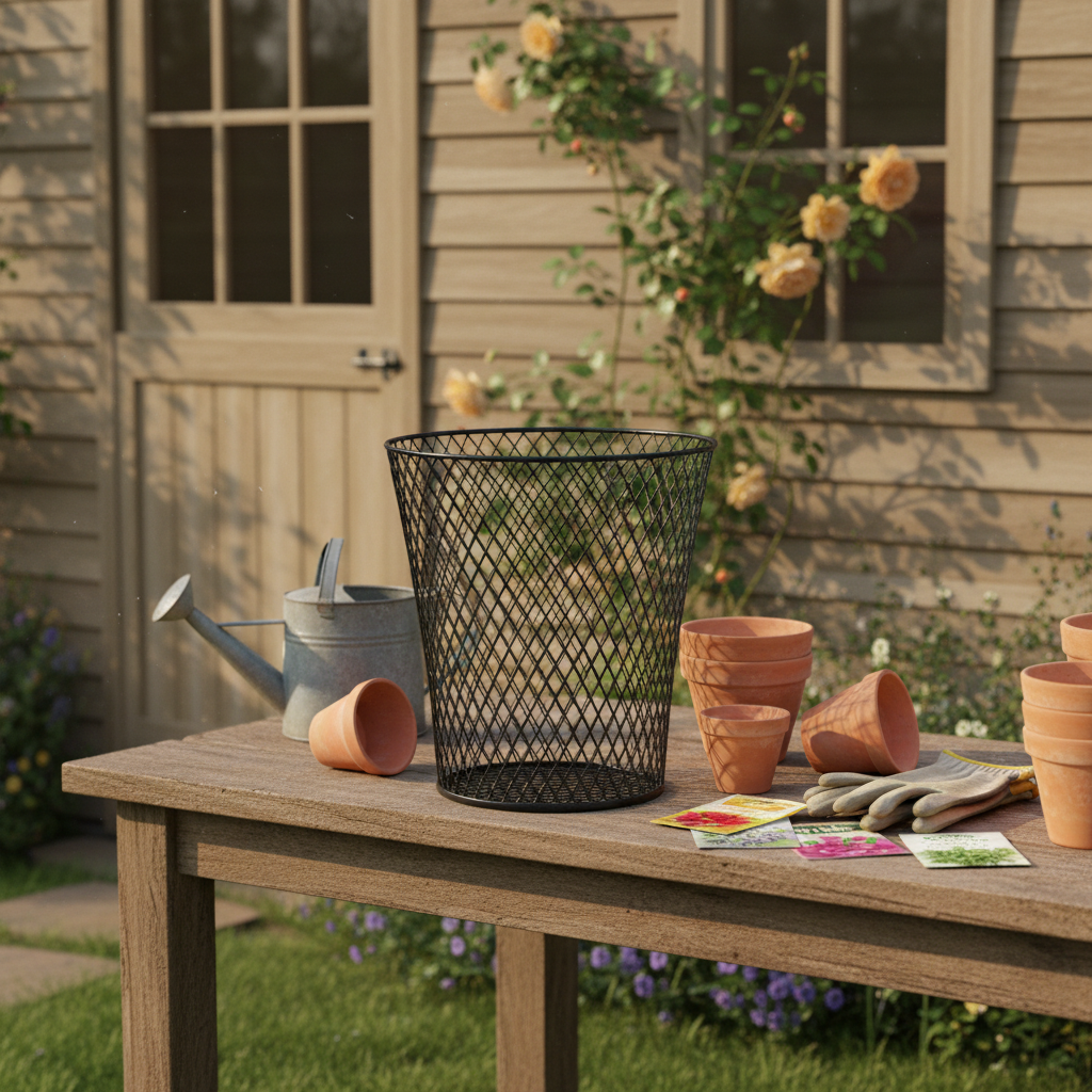 Black wire mesh basket on a rustic wooden potting bench in a garden shed with terracotta pots and seed packets