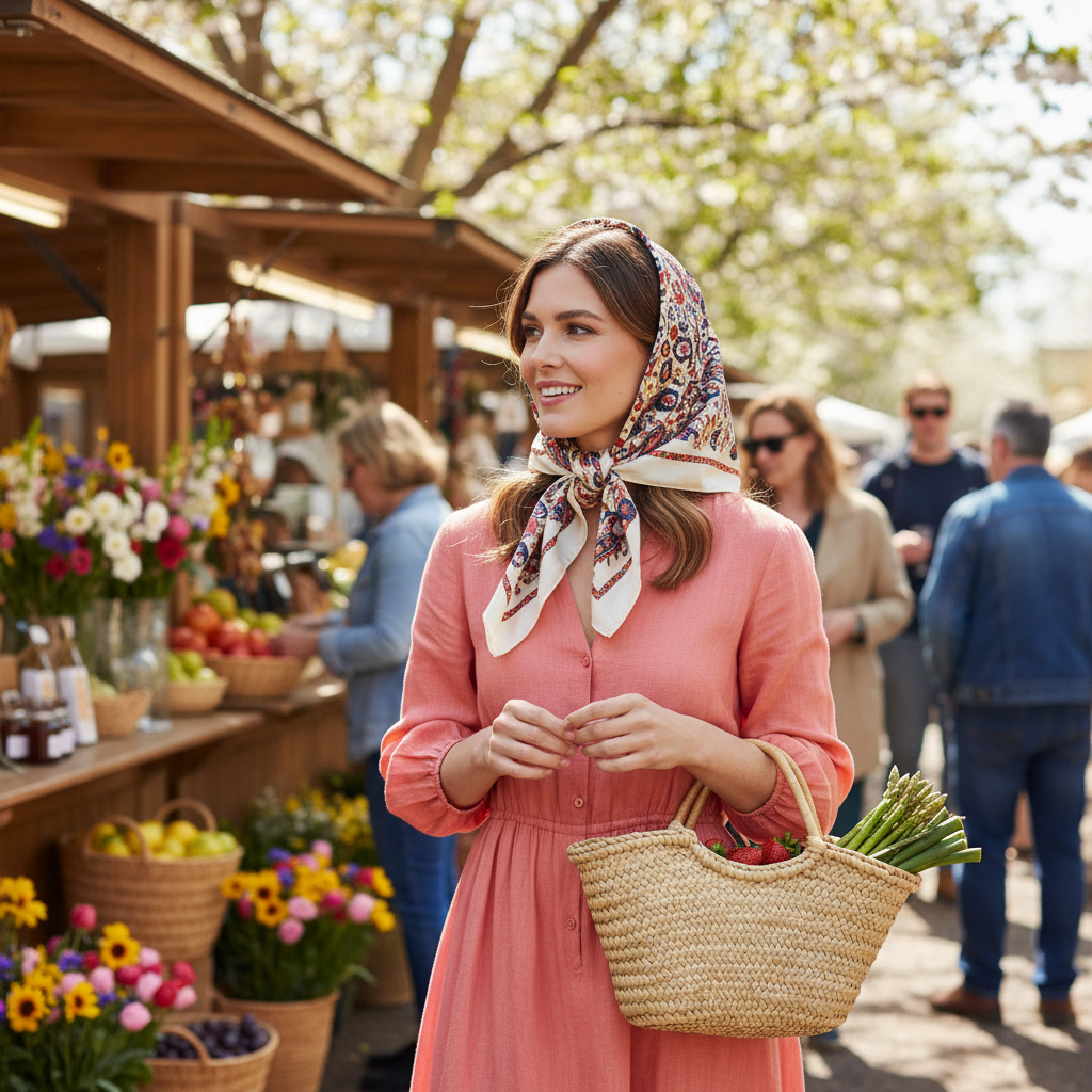 Woman styling cream paisley satin scarf as a headscarf at a spring farmers market