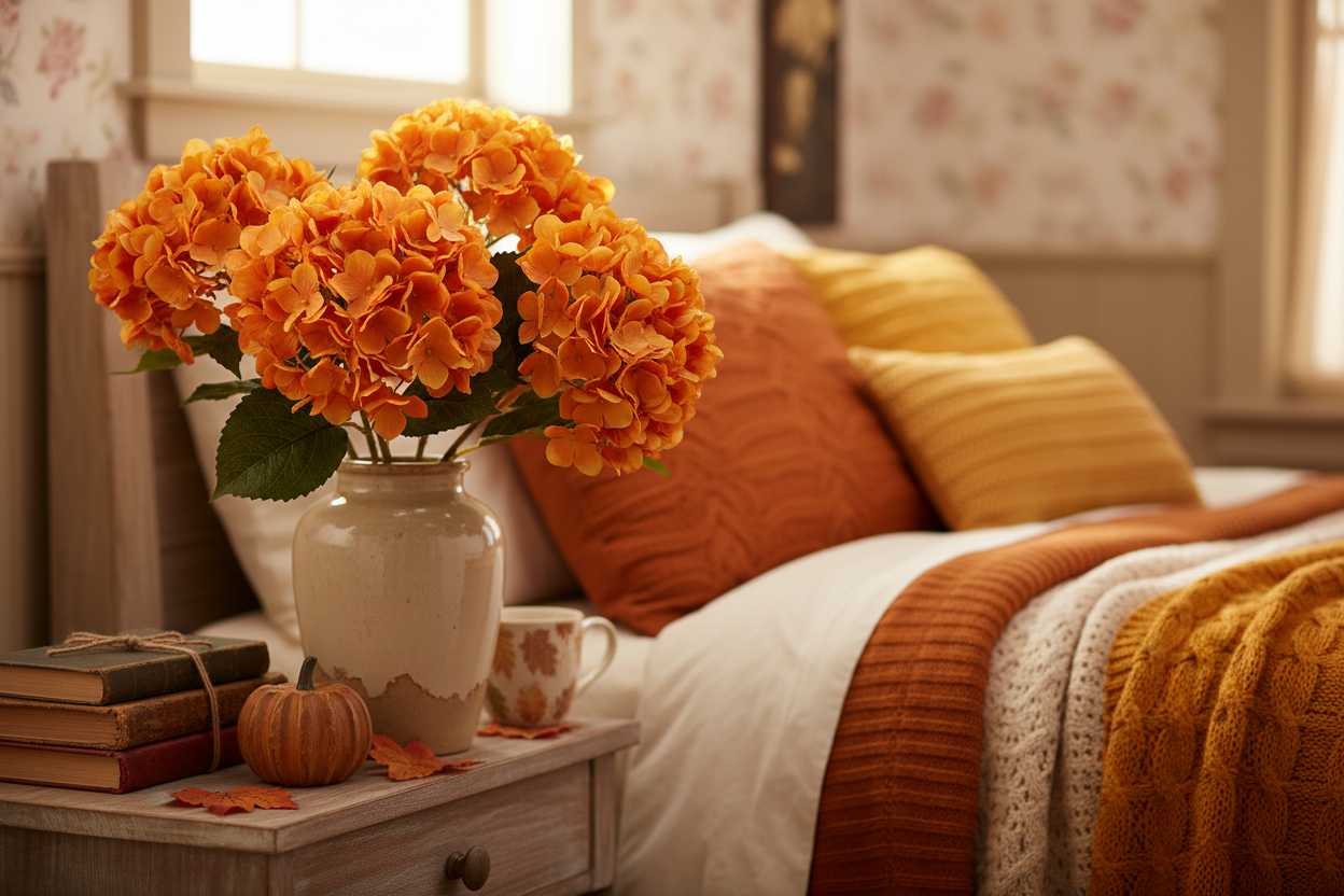 Bedroom nightstand with orange hydrangea arrangement in warm light, fall cottage decor