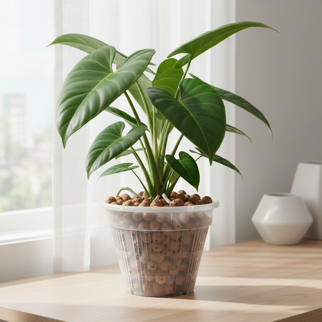 Clear 7 inch slotted orchid pot with open air slits filled with LECA clay pebbles in a semi-hydro setup