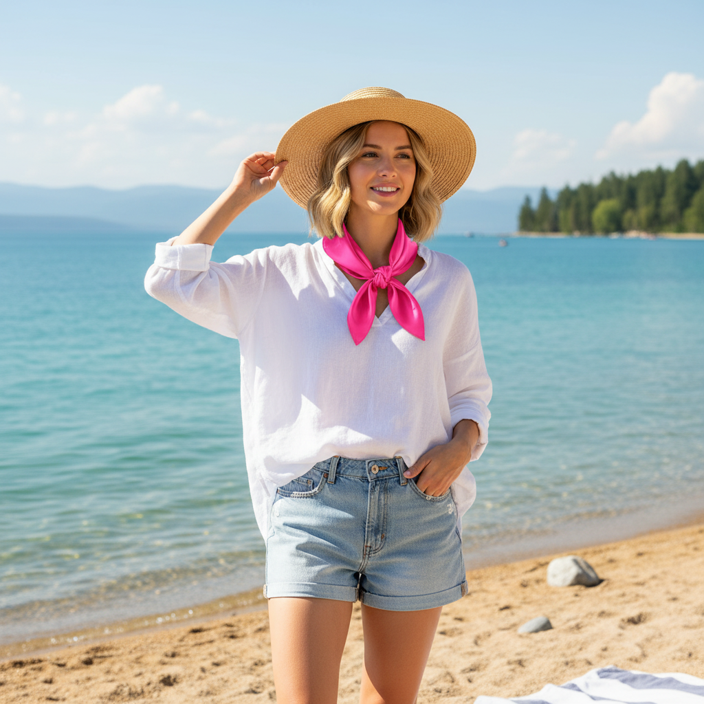 Summer lakeside lifestyle photo with woman wearing hot pink satin wild rag scarf, waterfront background