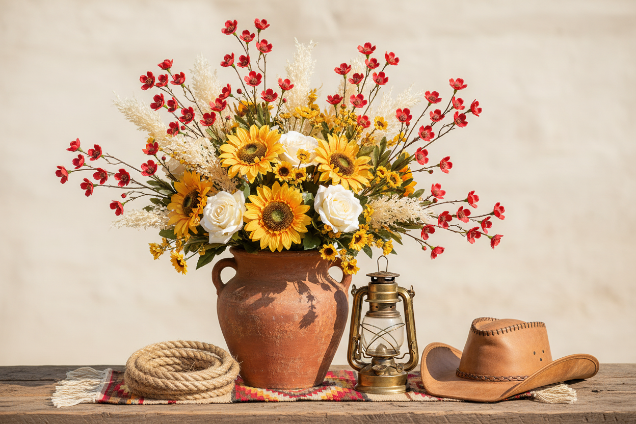 Artificial red dogwood flower stems in rustic terracotta vase with western decor