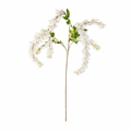 Artificial white wisteria stem 43 inch with cascading soft white silk blooms and green leaves on pure white background