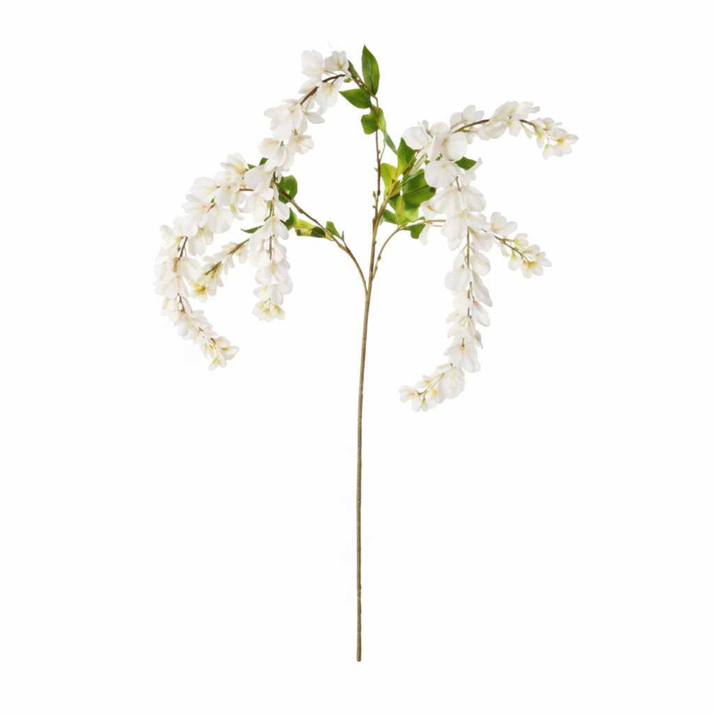 Artificial white wisteria stem 43 inch with cascading soft white silk blooms and green leaves on pure white background