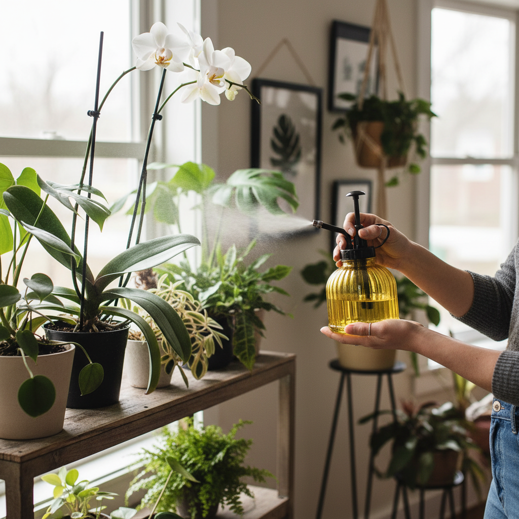Woman using yellow ribbed glass plant mister with black pump to mist orchids and tropical houseplants on rustic wooden shelf with botanical decor