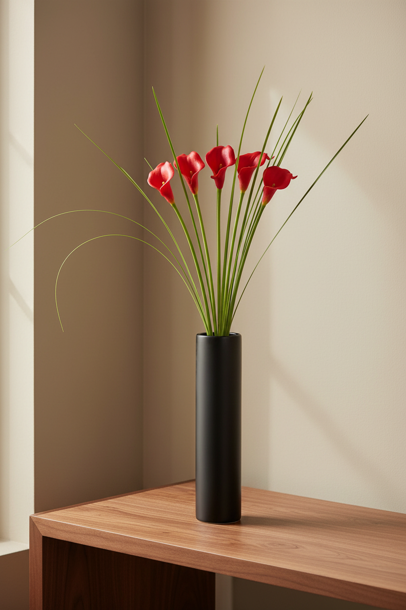Five poppy red real-touch calla lily stems in a matte black vase on a walnut entryway console, modern minimalist interior
