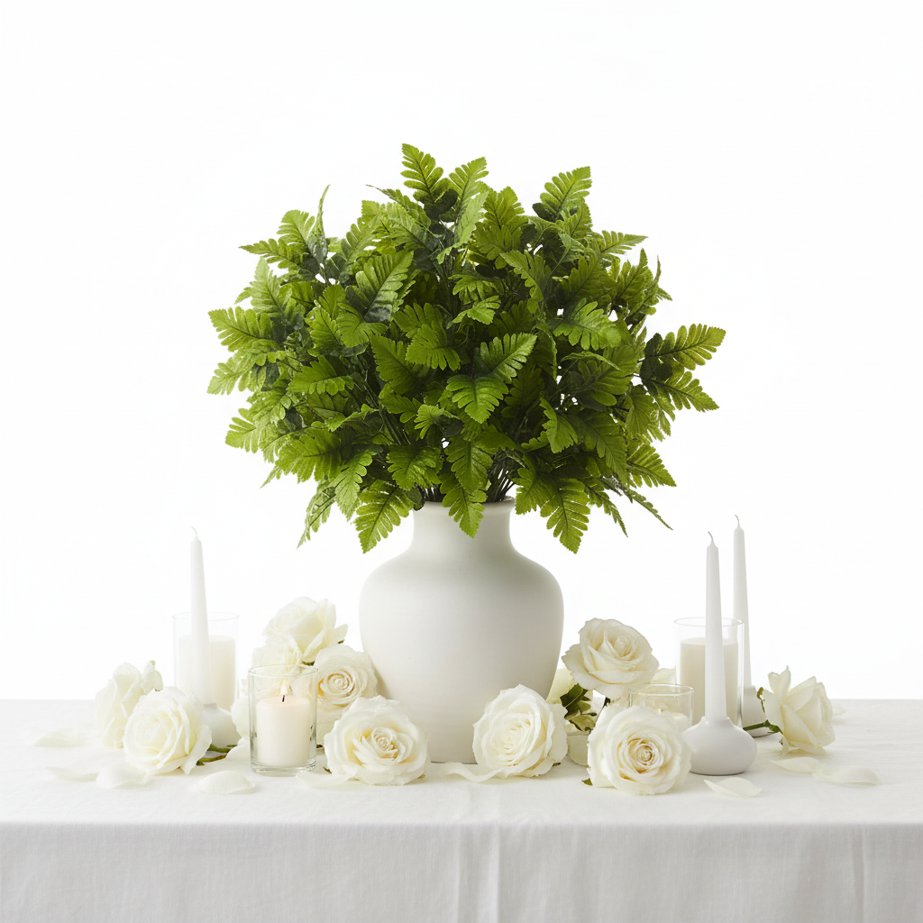Artificial fern stems arranged in wedding tablescape centerpiece with white roses and candles