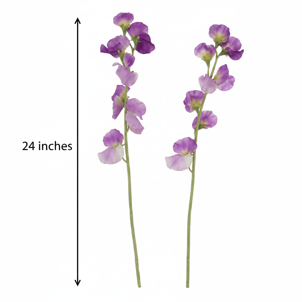 Purple sweet pea artificial flower stems measurement diagram showing 24 inches height on white background