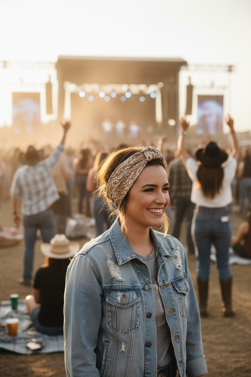 Tan and beige paisley scarf worn as head wrap at country concert festival