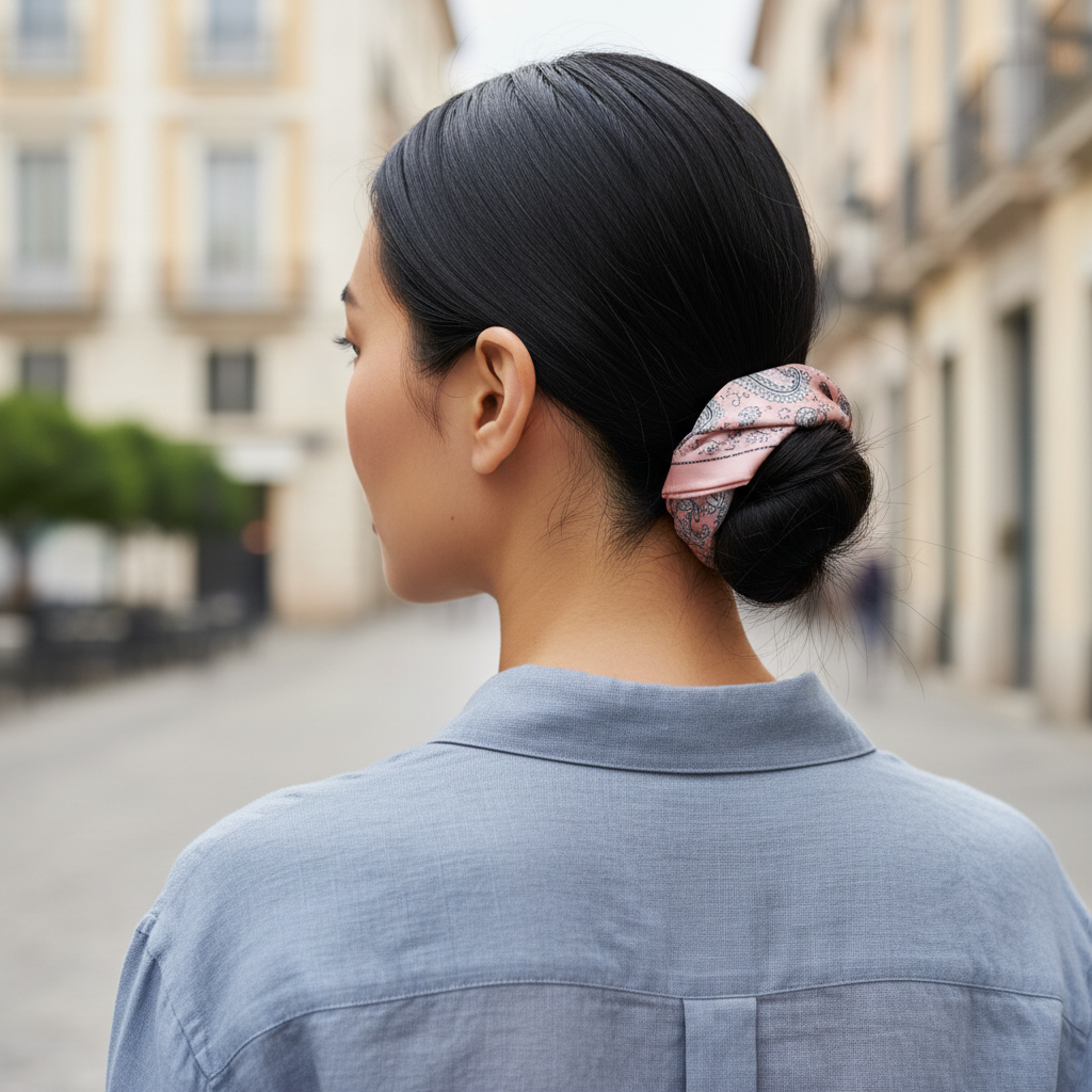 Dusty pink and gray blue paisley satin square scarf wrapped around a low bun as a small hair accessory on a woman in a gray blue linen blouse in a city setting