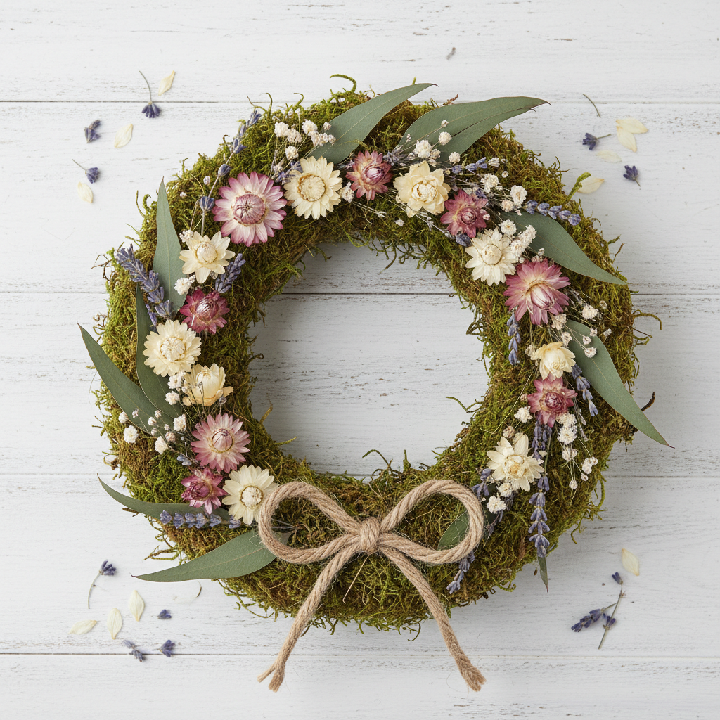 Rustic floral wreath with natural green dried moss, dried flowers, and eucalyptus on a white wooden backdrop