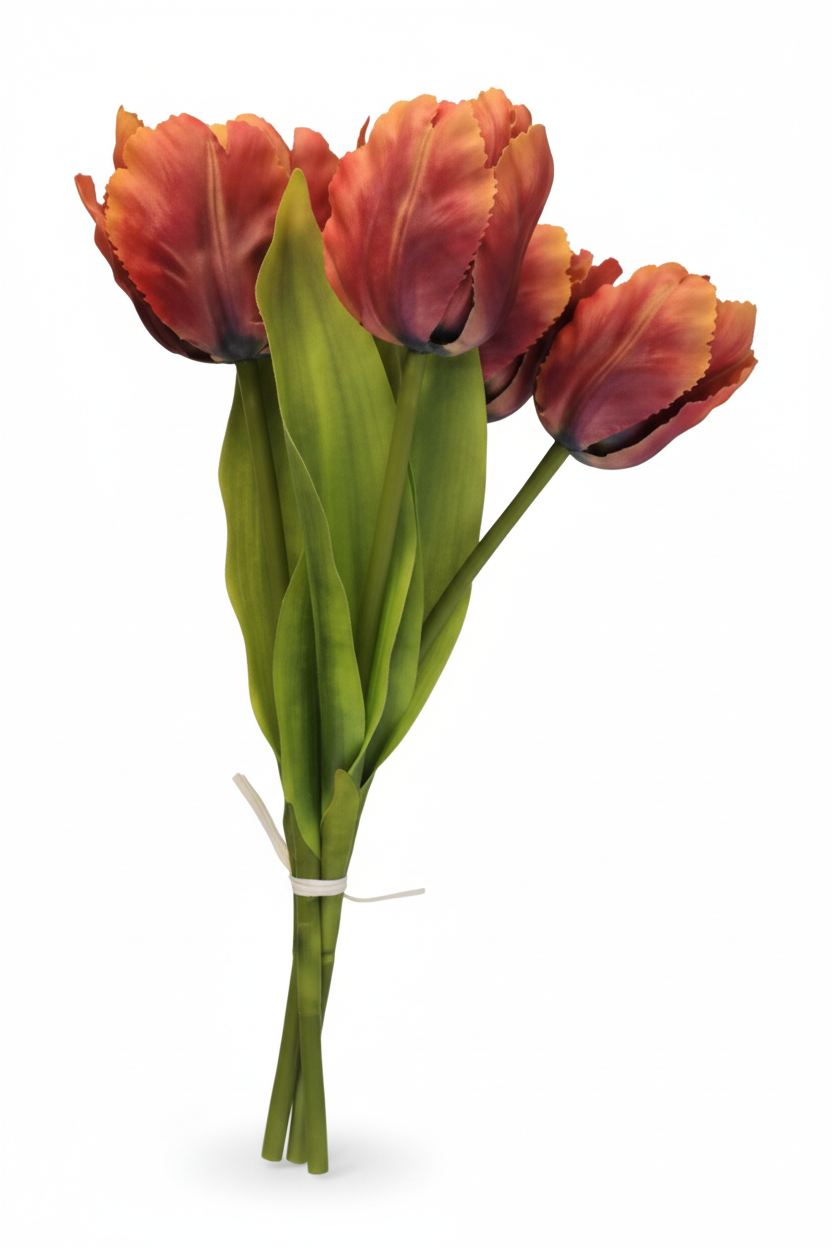 5 stem terracotta faux tulip bundle with fringed edges artificial silk flowers on white background for boho wedding decor