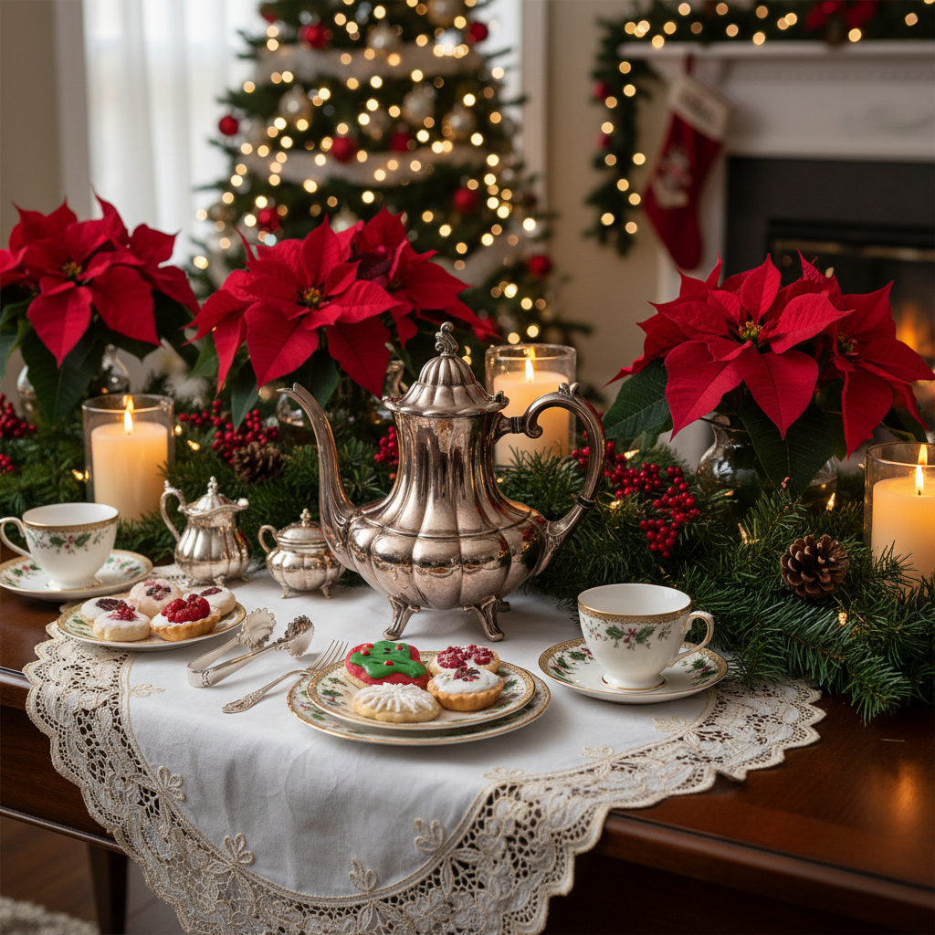Holiday tea party table setting with vintage Reed & Barton silver teapot, poinsettias, evergreen garland, festive Christmas decor