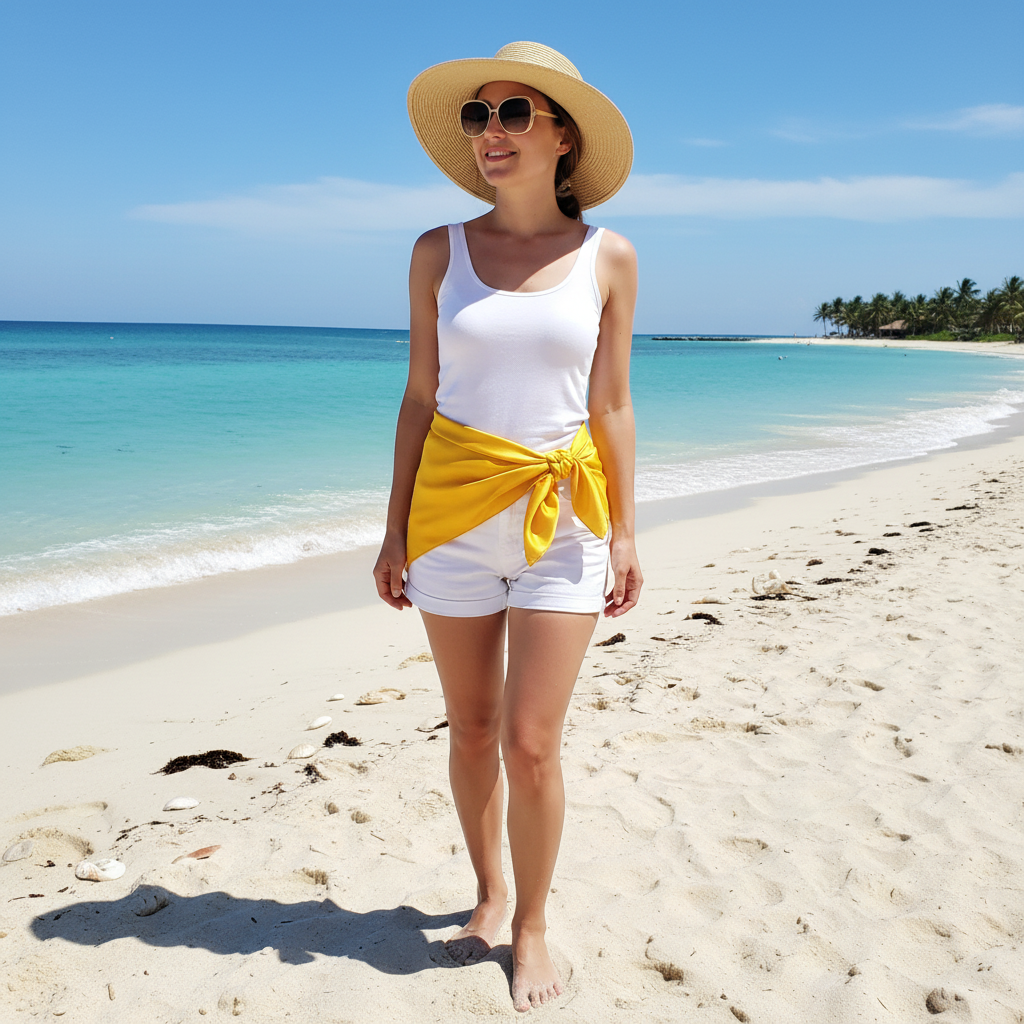 Summer beach style yellow wild rag scarf tied as waist accessory with white shorts and tank top