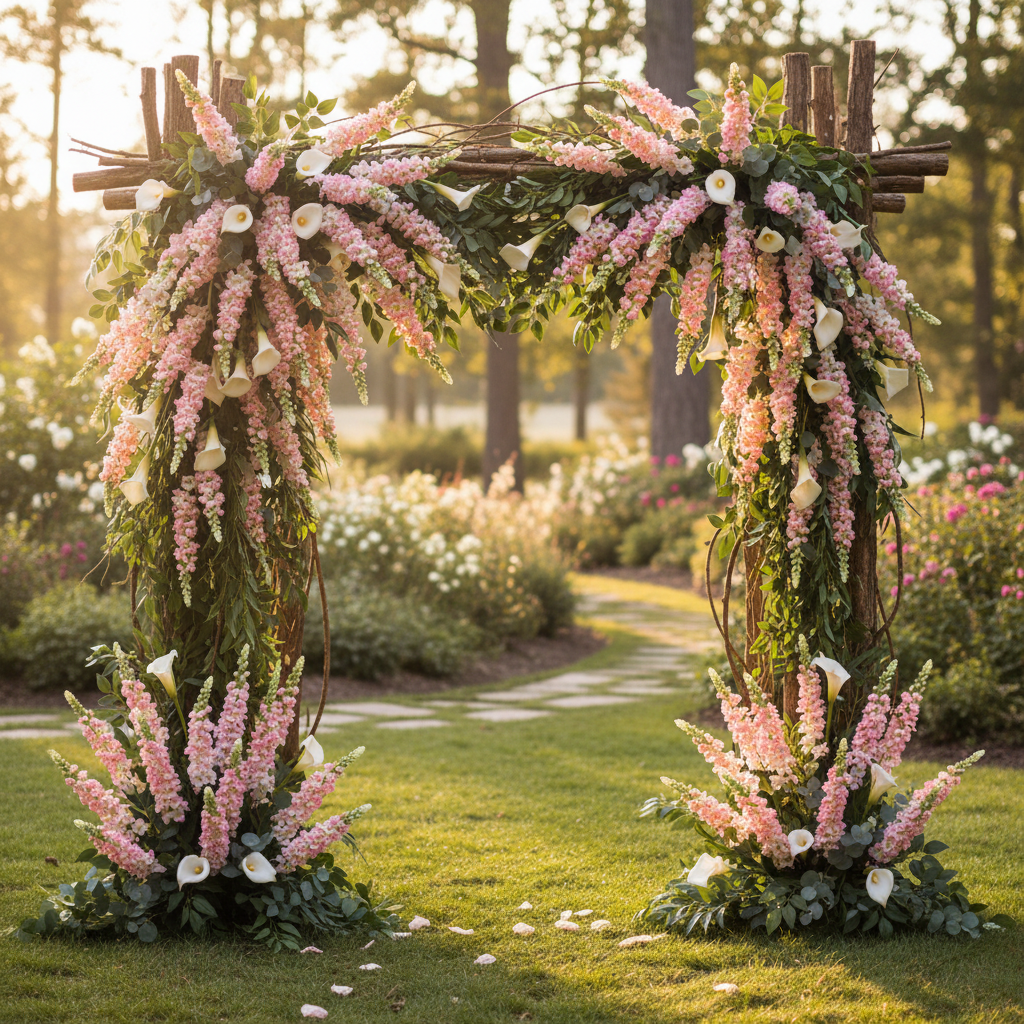 Wedding arch decorated with pink and white snapdragon stems and white calla lilies garden setting