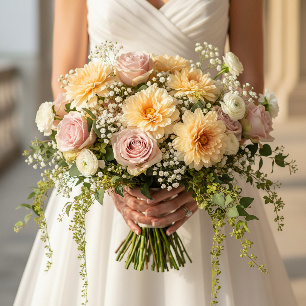 Soft peach artificial peony blooms in romantic bridal bouquet with blush roses baby's breath and trailing greenery